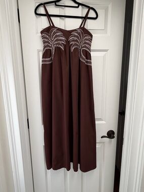 Brown Embroidered Maxi Dress with Spaghetti Straps